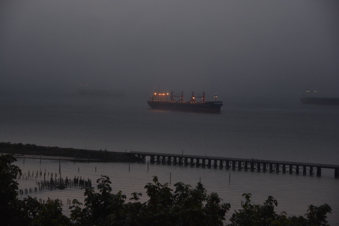 ship on the Columbia at dusk